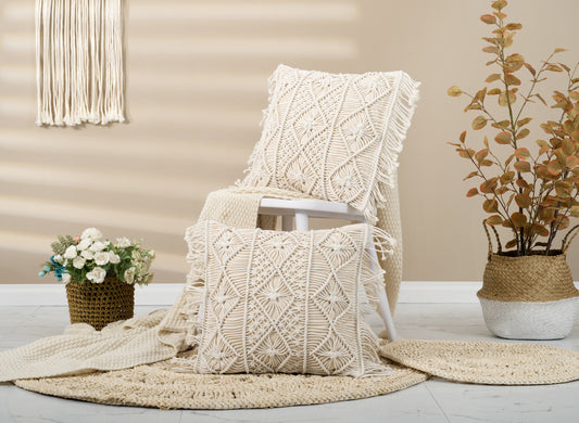 Macrame Throw Pillow Cushion Covers , Woven Boho Bed Sofa Couch Bench Car Home Decor, Comfy Square Pillow Cases with Tassels, Set of 2 Decorative Pillowcase (17X17 inch, Cream)