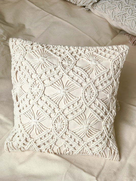 Rzong Macrame Throw Pillow Cushion Covers , Woven Boho Bed Sofa Couch Bench Car Home Decor, Comfy Square Pillow Cases with Tassels (17X17 inch, Cream)