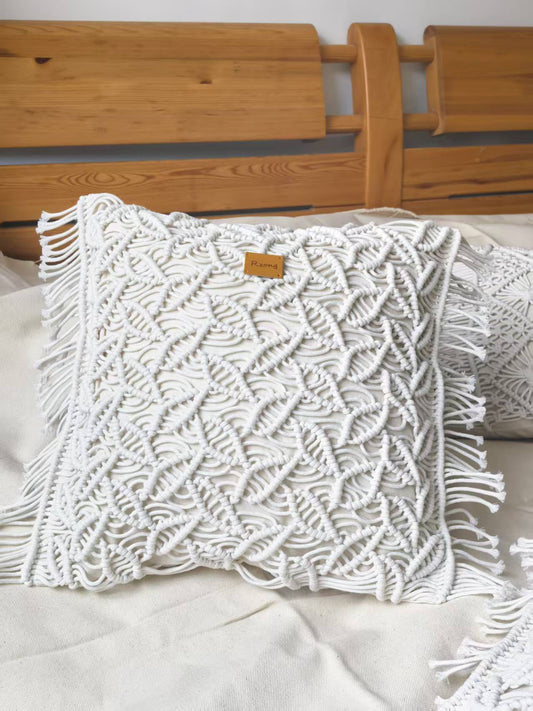 Macrame boho knitted pillow cover, handmade bohemian cotton decorative cushion cover 18 x 18 inch insert not included